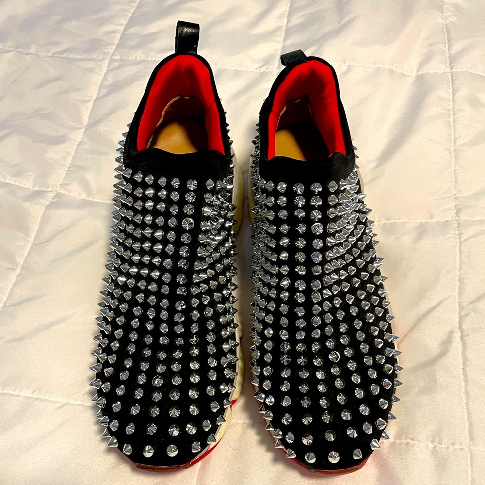 Silver Spiked Black w/ Loubou Red Bottom Sneakers—NEW, not-authenticated